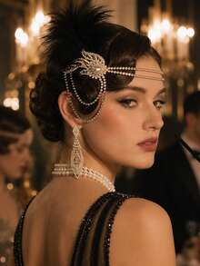1pc Vintage Rhinestone Feather Headpiece, Women's Tassel Forehead Chain Hair Accessory For Banquet, Wedding, Ball, Party Styling - Feather - View 1
