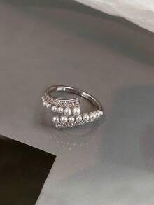 1pc Fashionable Luxury Cubic Zirconia Faux Pearl Open Ring Suitable For Women's Party And Gathering Wear - Silver - View 7