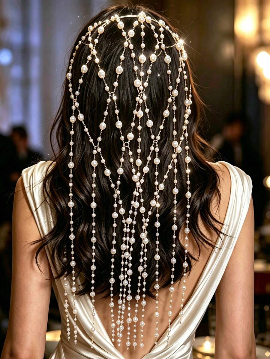 Exquisite Shiny Hollow Mesh Hair Chain Tassel Hair Accessory For Women, Versatile For Party And Banquet - Gold - View 1