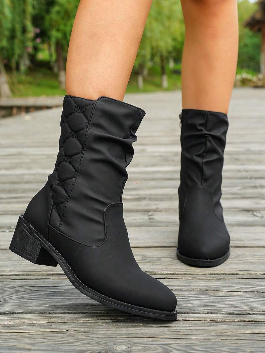 1 Pair Women's Mid‑Calf Boots, Quilted Detail Side Zipper Block Heel Round Toe Winter Boots Black - Black - View 1