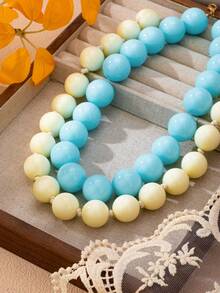 OABE 2pcs/Set Bohemian Style Cream Blue & Cream White Dual-Color Layered Beaded Necklace Set, Suitable For Women's Daily Wear, Holiday/Anniversary Gift - Multicolor - View 3