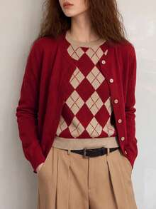Women's Autumn Casual Minimalist Solid Color Knit 2 In 1 Pullover Cardigan - Red - View 1