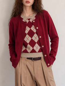 Women's Autumn Casual Minimalist Solid Color Knit 2 In 1 Pullover Cardigan - Red - View 3