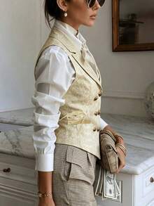 French Jacquard Blazer Vest For Women, Vintage Textured Cropped Waist Vest Commuter Layering Top White Summer - White - View 2