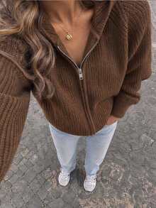 Brown Hooded Two-Way Zipper Ribbed Knit Drop Shoulder Long Sleeve Cardigan Women Cozy Casual Halloween Christmas New Year Fall Winter - Brown - View 4