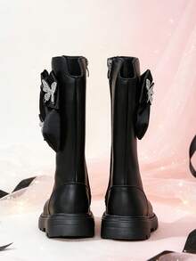 1 Pair Girls' Tall Boots, Shiny Butterfly + Fabric Bow Decor, Elastic Soft Sole With Inner Zipper Design, Fashion Sweet Cool Princess Style Boots, Suitable For Daily, Holiday, Party, Autumn/Winter New - Black - View 5