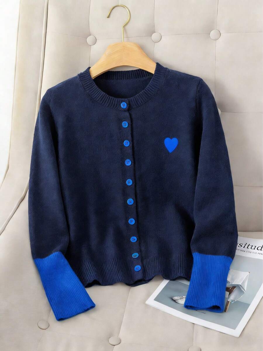 Premium Contrast Color Knit Cardigan Jacket For Women, Spring/Autumn/Winter, Soft Royal Blue Sweater, Heart-Shaped Ribbed Embroidery Buttons, College Style, Home Wear, Inner Layer/Outer Wear Top - Navy Blue With Blue - View 1