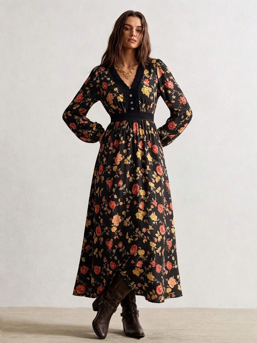 Rusttydustty Women's Vintage V-Neck Patchwork Lace Trim Floral Print Cinched Waist Long Dress, Autumn Women's Dress, Street Vintage Clothing - Black - View 1