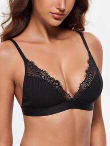Women's Fashion Solid Color Sexy Eyelash Lace Spaghetti Strap Backless Comfortable Bra - Black - View 3