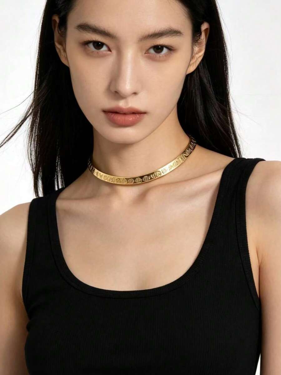 1件極簡優雅創意百搭小眾設計V領項鍊,適合女性日常佩戴 - 金色團壽紋 - 查看 1