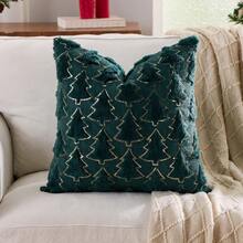 1/2pcs Green Christmas Gold Sequin Christmas Tree Pillow Case (Pillow Insert Not Included), Modern Fashionable Comfortable Soft Faux Rabbit Fur Fabric Embroidered Pillow Case, Suitable For Daily Home Decor, Sofa, Bed, Bedroom, Living Room, Decorative Pillow Case, Daily Holiday Party Decoration, Suitable For All Four Seasons - Dark Green - View 12