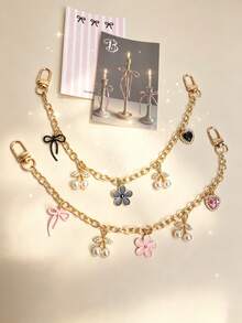 1pc Black & Pink Floral Cherry Cute Shiny Bag Chain, Suitable For Handbag, Bag Chain Decoration, Bag Extension Chain, Bag Charm Accessory, Handbag Decorative Chain - Multicolor - View 3