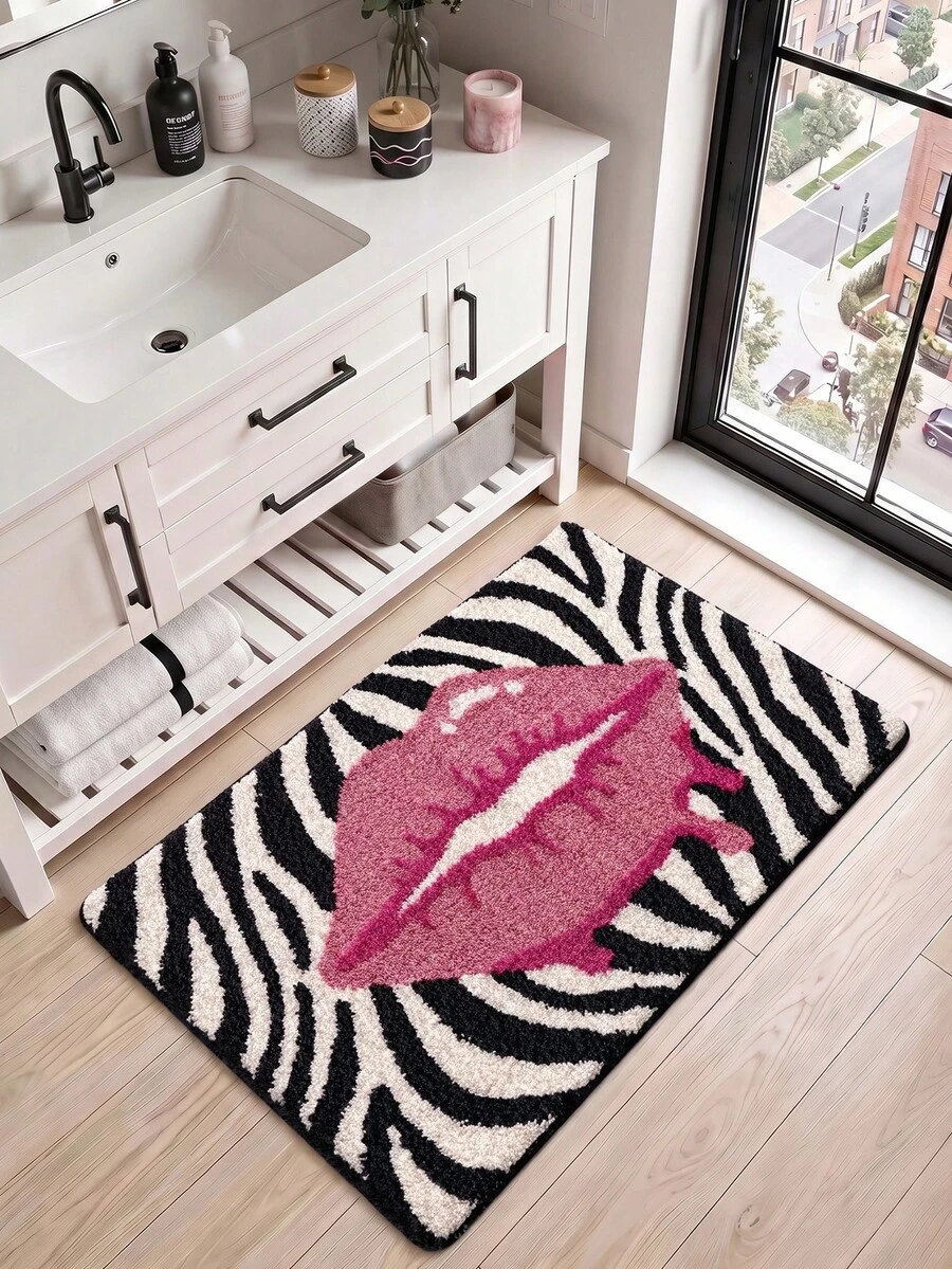 1pc Bathroom Rug Mat, Flocked Soft Touch, Pink Leopard Print, TPR Non-Slip Backing, Suitable For Kitchen, Outdoor, Indoor, Hallway, Bedroom, Living Room Bedside, Machine Washable Easy To Clean, Autumn Bathroom Decor Rug