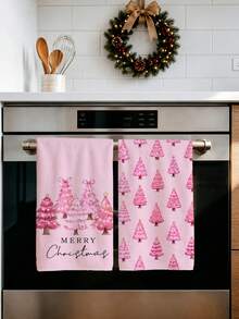 2pcs Pink Bow Christmas Tree Merry Christmas Text Kitchen Towels, 40*60cm Soft Microfiber Material Tea Towels, Suitable For Home Kitchen Restaurant Outdoor Camping Tabletop Cleaning Dish Cloth Hand Towel Accessories, Cute Christmas Theme Kitchen Towels Holiday Gift - Multicolor - View 7