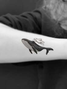 STARTTOOS 1pc Fashionable Personalized Black Whale & White Bear Pattern Floral Arm Tattoo Sticker, Temporary Tattoo For Shoulder, Neck, Collarbone, Ankle And Body - Black - View 3