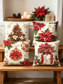 Christmas Decorative Pillow Covers (4pcs/1pc) - Printed With Christmas Red, Christmas Tree, Christmas Ball And Gift Box Patterns, Suitable For Sofa Or Bedroom; Made Of Soft, Durable, Washable And Fade-Resistant Fabric; Christmas Home Decor (Pillow Insert Not Included) - Multicolor - View 4