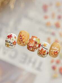 1 Sheet Of 5D Embossed Autumn Maple Leaf Nail Sticker, Cute Squirrel, Autumn Leaves, Cursive‑Script English, Autumn Bare‑Nail Decorative Nail Accessory - Multicolor - View 6