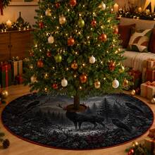 1pc Dark Forest Deer & Crow Pattern Christmas Tree Skirt, Elegant Holiday Decor, 5 Sizes, Unisex Holiday Gift, Suitable For Home And Party Christmas Home Decoration - Dark Forest Moose Crow - View 4