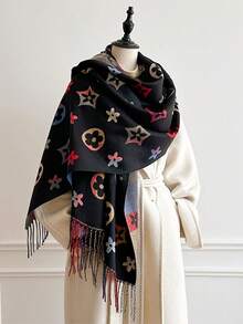 1pc Geometric Floral Print Tasseled Thick Scarf 65*200cm, Polyester Faux Cashmere, Fall Winter Shawl For Travel Party Outing, Wear As Scarf Shawl - Multicolor - View 7