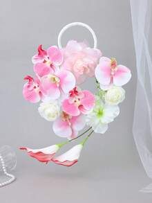 1pc Artificial Pink Orchid & White Rose Hand Flower Ring Faux Floral Bouquet Bridal Wedding Ceremony Photo Props - Pink - View 3