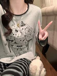 2pcs Women's Pajama Set, Pullover Round Neck Cute Animal Print Simple Long Sleeve Long Pants, Easy Care Fabric - Grey - View 6