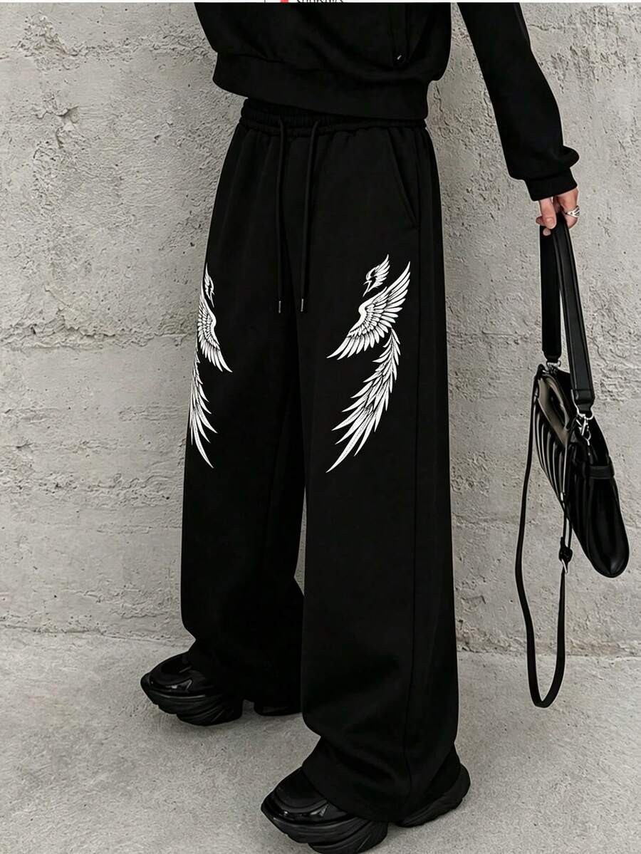 Men's Casual Versatile Wide Leg Printed Long Pants, Suitable For Travel, Dating, Hiking - Black - View 1