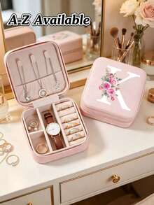 A-Z Floral Initial Travel Jewelry Organizer, Pink PU Leather Mini Zipper Jewelry Box, Compartment Portable Ring Earring Necklace Storage Box, A-Z Letter Women Girls Gift Box - Multicolor - View 17