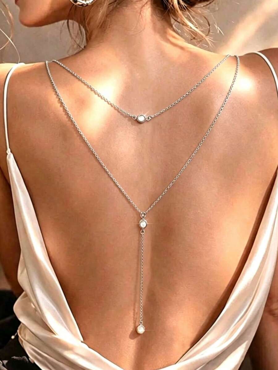 Women's Daily Versatile Rhinestone Back Chain, Party Fashion Exquisite Back Jewelry Accessory - Silver - View 1