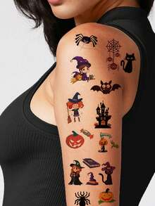 30pcs Waterproof Halloween Temporary Tattoos, Cartoon Pumpkin, Ghost, Witch,Skeleton Stickers, Halloween Party Decor - Multicolor - View 3