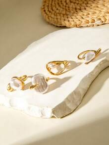 4pcs/Set Minimalist Fashion Alloy Asymmetric Baroque Resin Faux Pearl Multi-Combination Ring Set, Suitable For Women's Daily Commute, Date Outfits, Jewelry Gift - 31066-ring-g-eP - View 3