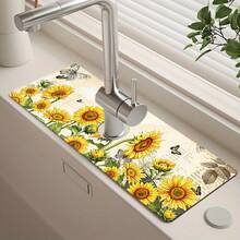 1pc Sink Faucet Absorbent Mat, Drainage Pad, Autumn Sunflower Pattern, Suitable For Kitchen, Bathroom Sink, Countertop, Drainage Pad, Diatomaceous Earth Material, Trimmable, Quick-Drying Mat - Multicolor - View 4