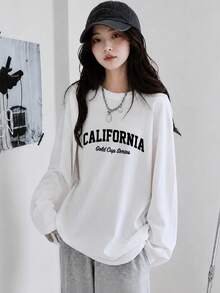 Women's Fashion Autumn/Winter Loose Minimalist Versatile Letter Print Long Sleeve T-Shirt Casual - White - View 4