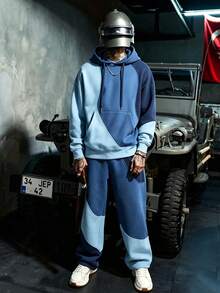 Men's Blue Contrast Wave Patchwork Hoodie Sweatshirt Set, Loose Drawstring Hooded Top And Straight Leg Sweatpants 2 Pieces Set - Dusty Blue - View 1