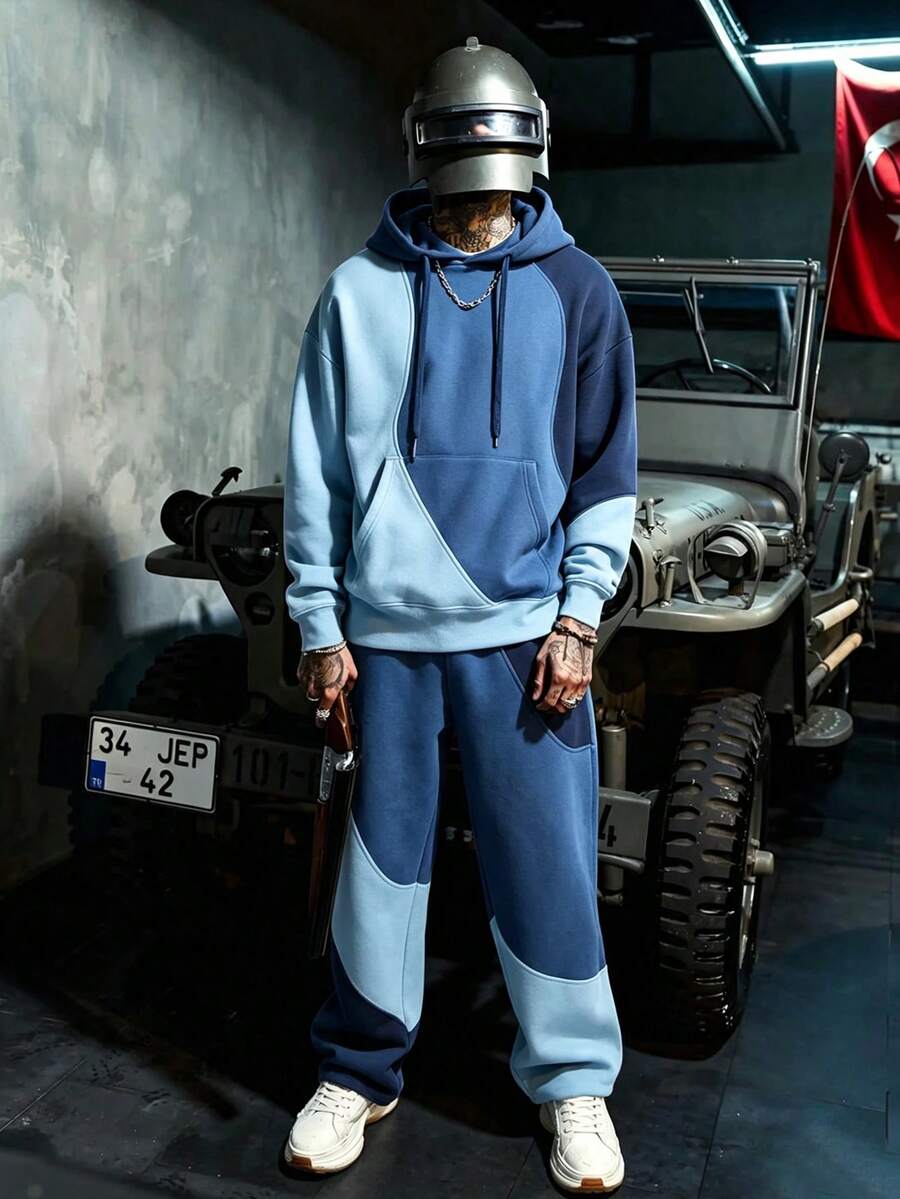 Men's Blue Contrast Wave Patchwork Hoodie Sweatshirt Set, Loose Drawstring Hooded Top And Straight Leg Sweatpants 2 Pieces Set - Dusty Blue - View 1