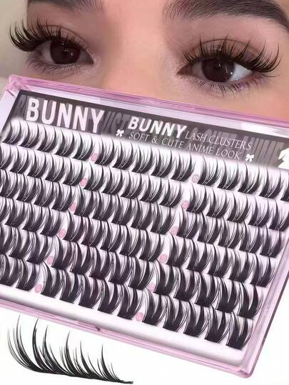90pcs Rabbit Style Anime Cluster False Eyelashes 10-12-14mm Thin Spiky C-Curl Single Lash Extensions With Wet Glossy Finish For Cute Rabbit Makeup