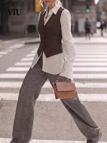 YIU LUMOS Women's Dark Brown Vest, V Neck Button Front Five Button Slim Fit, Vintage Western Office Chic Waistcoat For Fall Winter Daily Layering - Brown - View 5
