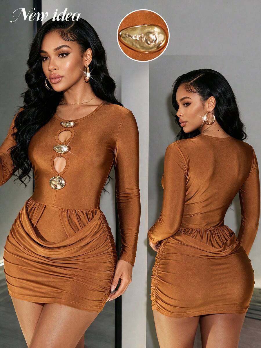 NEW IDEA Women Sexy Elegant Brown Fall Winter Long Sleeve Short Dress, Ruched Bodycon Dress For Night Out, Party, Going Out, Low‑Key Luxe Gathering - Brown - View 1
