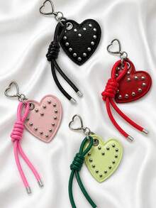 Retro Punk Style Heart-Shaped Rivet Keychain,Featuring A Heart-Shaped Metal Hook And Knotted Tassel Rope Design,Pu Leather Pendant,Charm Bag Accessory - Multicolor - View 8