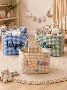 Personalized Quilted Baby Storage Basket, Customized Baby Baptism Gift, Neutral Nursery Toy Storage Bin - Multicolor - View 2