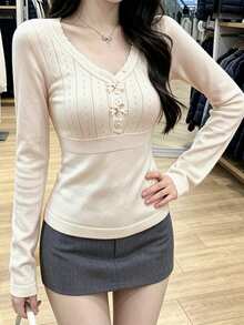 Korean Style Sexy Hollow Lace V-Neck Bow Inner Layer Knit Sweater For Women - Apricot - View 2