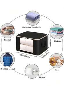 Hộp lưu trữ tủ quần áo gấp gọn có tay cầm gia cố, túi lưu trữ dung tích lớn cho quần áo, chăn ga, chăn, đồ chơi, di chuyển và sắp xếp hàng ngày, mùa tựu trường, phụ kiện thiết yếu cho phòng ngủ và phòng tắm trong nhà - màu đen - Xem 3