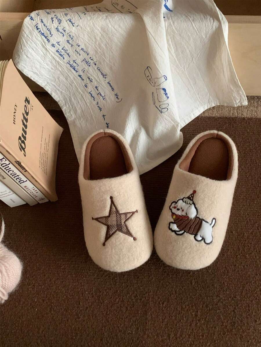XIXITIAO Cute Star Puppy Fuzzy House Slippers, Warm Closed‑Toe Home Slippers With Soft Sole For Indoor Use - Apricot White - View 1