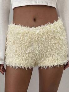 Quần short nữ SCARLUX Y2K lông xù mềm mại, phong cách đường phố mùa thu cho tiệc tùng và đi chơi đêm - Màu be - Xem 8