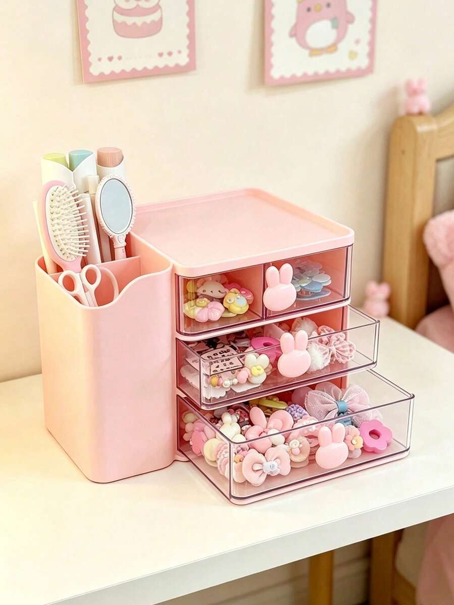Mini Desktop Drawer Storage Box With Cute Rabbit Pattern Decoration, Plastic Multi-Layer Jewelry And Cosmetics Storage Box, Non Electric Desktop Storage, Suitable For Dressing Table, Bedroom, Office, Suitable For Storing Daily Necessities - Multicolor - View 1