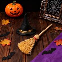 2/4/6pcs Mini Witch Hat With Mini Broom, Miniature Straw Broom With Red Rope, Plastic Witch Hat And Broom, Halloween Party Handmade Witch Decoration Accessories - Multicolor - View 3