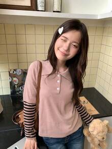 Women's American Vintage Striped Sleeve Patchwork Solid Color 2 In 1 Knit Polo Shirt, Casual Top For Autumn/Winter - Pink - View 2