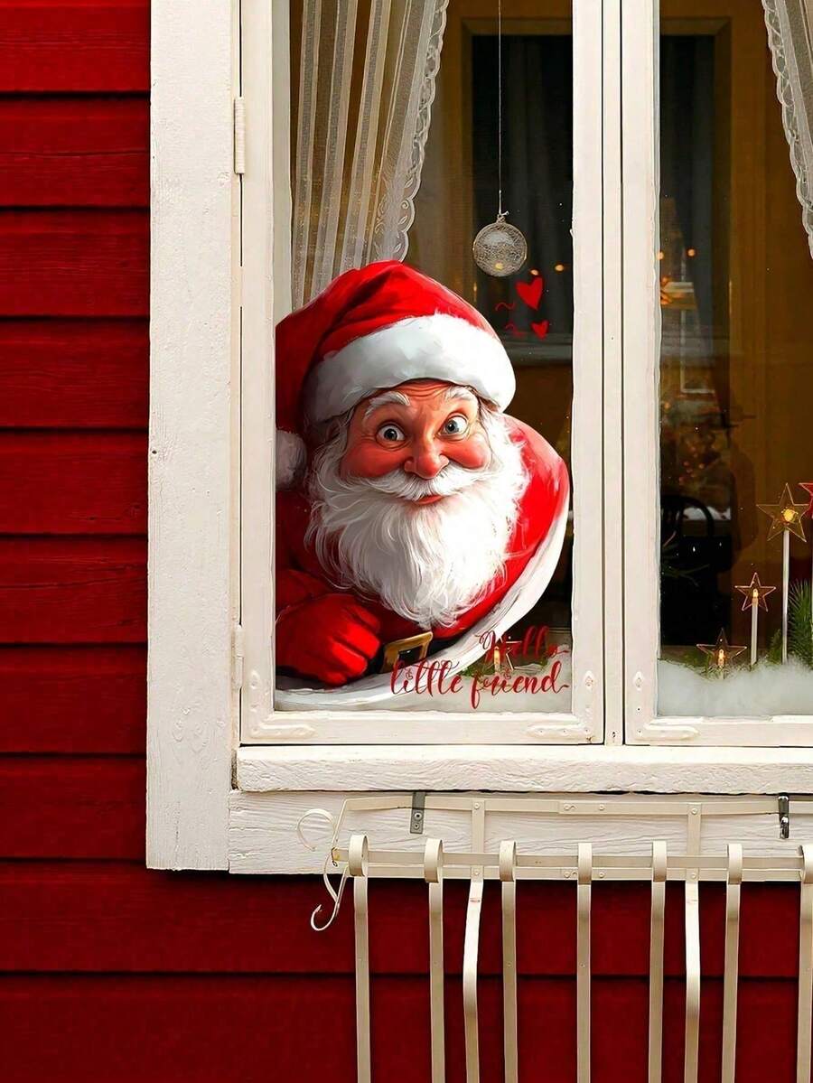 1 buah (7,87*11,81 inci) Stiker Jendela Kaca Bermotif Visual Santa Claus Dua Sisi, Hiasi Rumah Anda, Hadirkan Suasana Liburan ke Rumah Anda, Hadiah Stiker Dekorasi Liburan, Ulang Tahun, Wisuda - Red and White - View 1