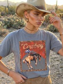 Vintage Cowboy Print Washed Cotton T-Shirt - Grey - View 4