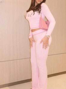 Fall Street Going Out Outfits Women Long Sleeve Graphic Print Top And Pants Y2K Outfit Pants Set For Women Pink Elegant - Pink - View 5
