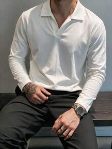 Men's Seagull Collar Loose Long Sleeve Polo Shirt, Casual All-Match Style, Versatile Everyday Top - White - View 3